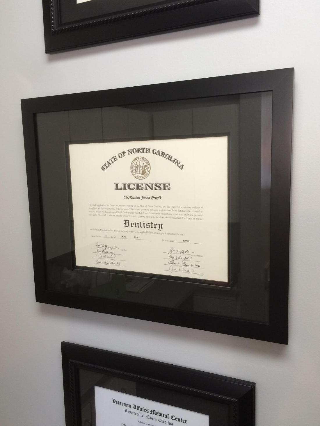 North Carolina dental license of Dr Dustin Prusik DDS in Apex